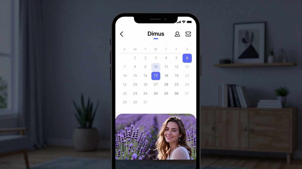 A private digital meeting arrangement shown on a secure messaging app, with a natural profile photo and lavender in the background.