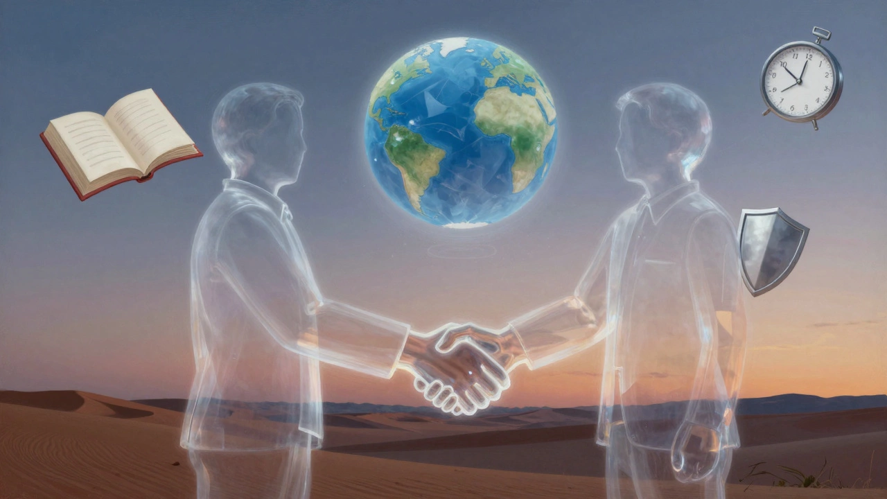 A symbolic handshake surrounded by icons of time, travel, and safety, representing respectful companionship in Dubai.