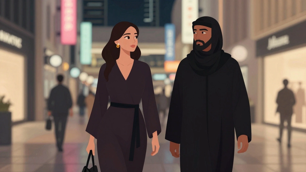 A woman and client walking together through a vibrant Dubai mall, dressed modestly, embodying cultural sensitivity.