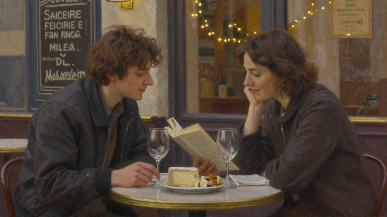 Two people share a quiet café moment in Avignon, talking over wine and cheese in soft evening light.